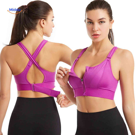 Fitura women's sports bra in purple with zip-front support design.