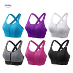Fitura sports bra available in six colors with zip-front and crossback support.