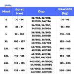Fitura sports bra size chart with bust, cup, and weight sizing information.