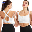 Close-up of Fitura sports bra's zip-front feature for convenient wear.