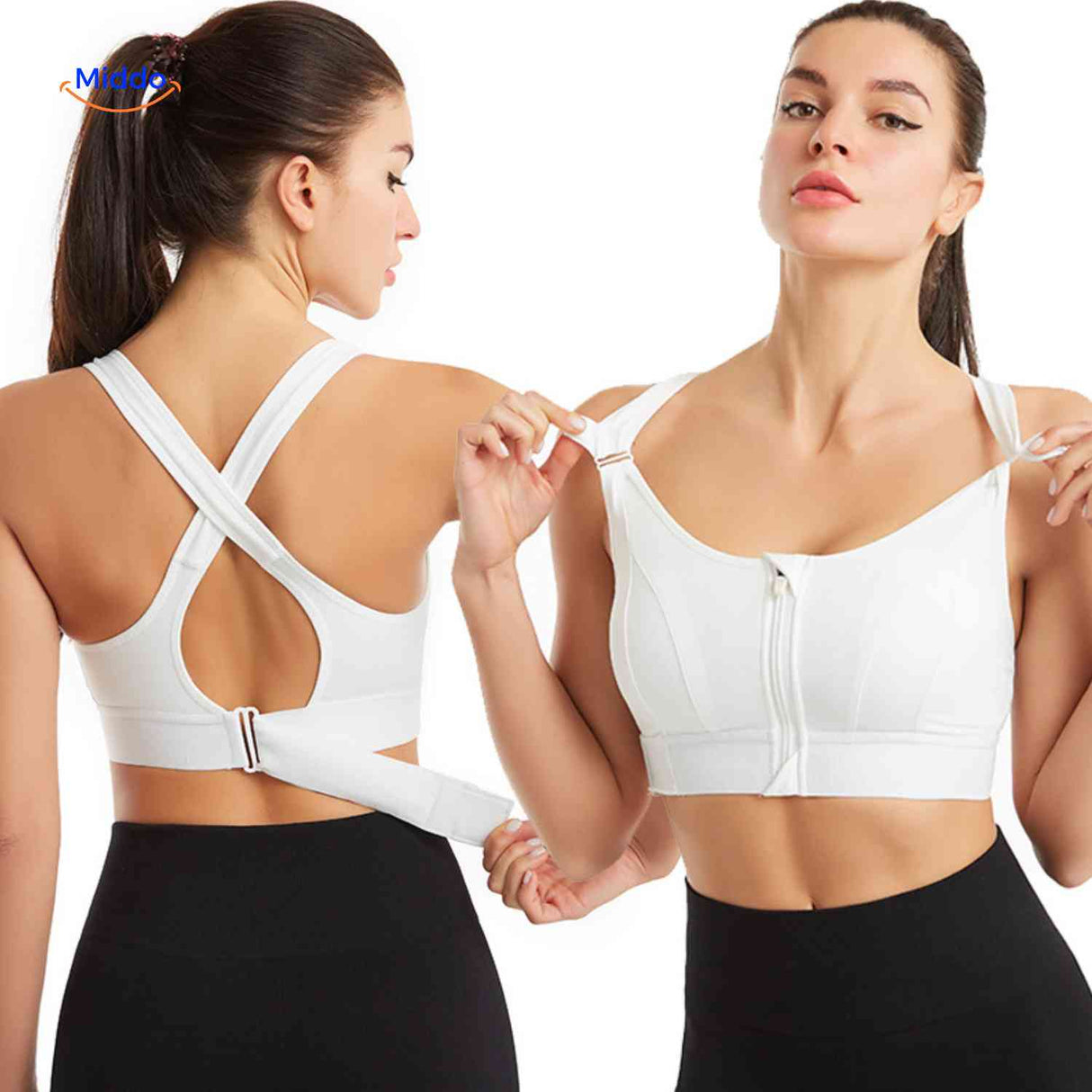 Close-up of Fitura sports bra's zip-front feature for convenient wear.