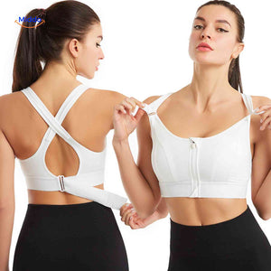 Close-up of Fitura sports bra's zip-front feature for convenient wear.