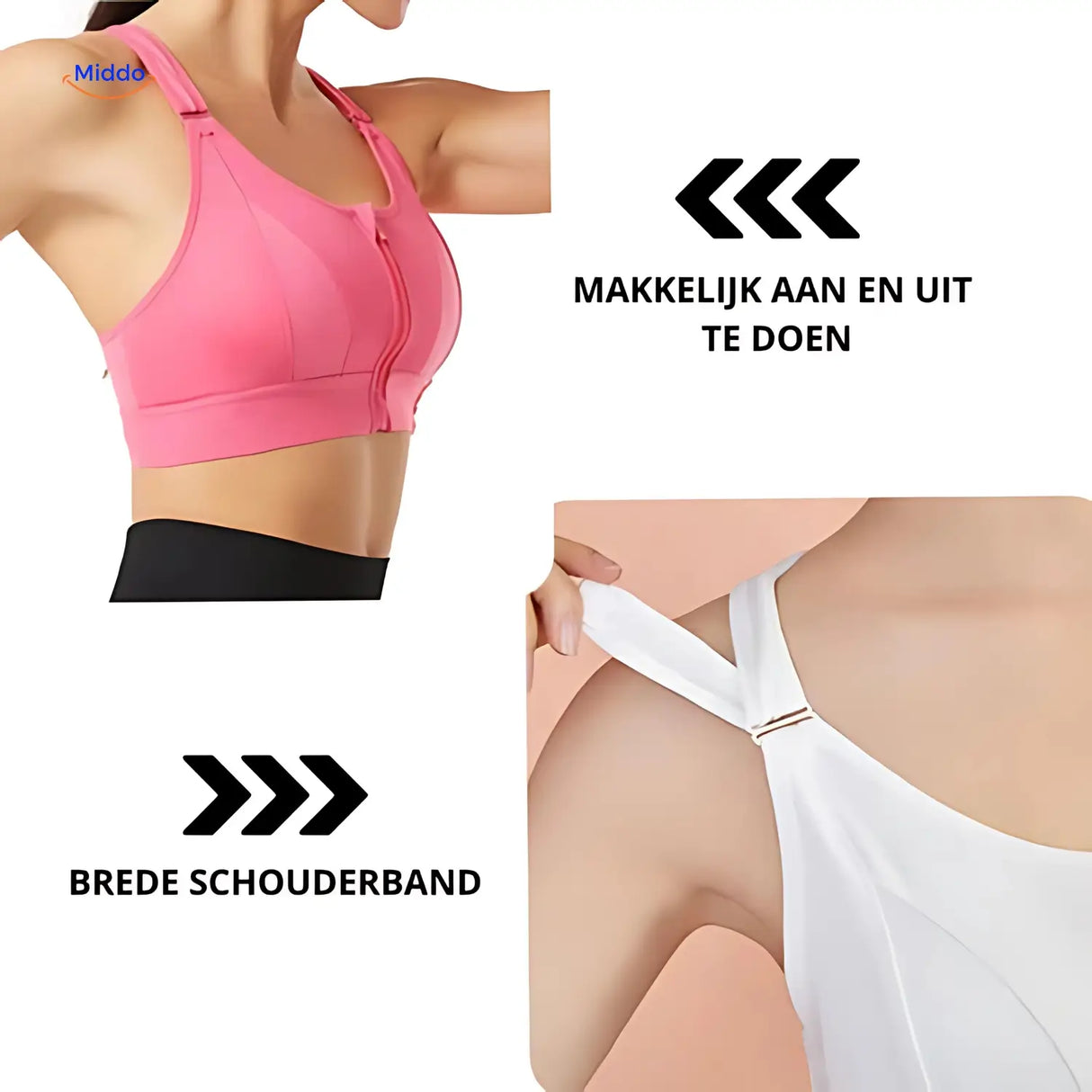 Fitura sports bra showing easy-to-use zip-front fastening for quick dressing.