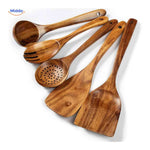 Five-piece wooden kitchen spatula and spoon set crafted from natural teak wood.