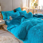 Light blue teddy fleece bedding set featuring cozy winter warmth and soft feel
