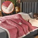 Dark rose and white blocked wool blanket on contemporary bedding.