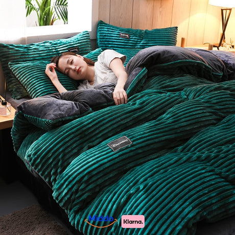 Dark green fleece duvet cover in premium soft plush material with hidden zipper.