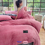 Warm fleece duvet cover in blush pink with plush material and hidden zipper.