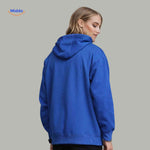 Back view of blue fleece hoodie showing back seam and hood fit