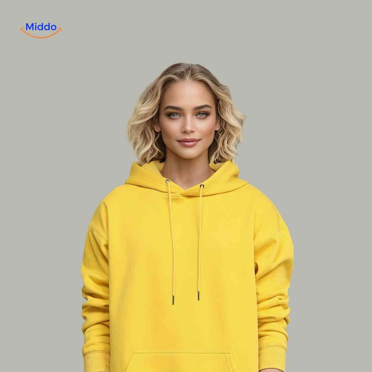 Close-up model view of fleece hoodie showing quality and fit