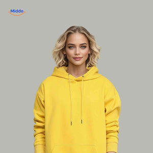 Close-up model view of fleece hoodie showing quality and fit