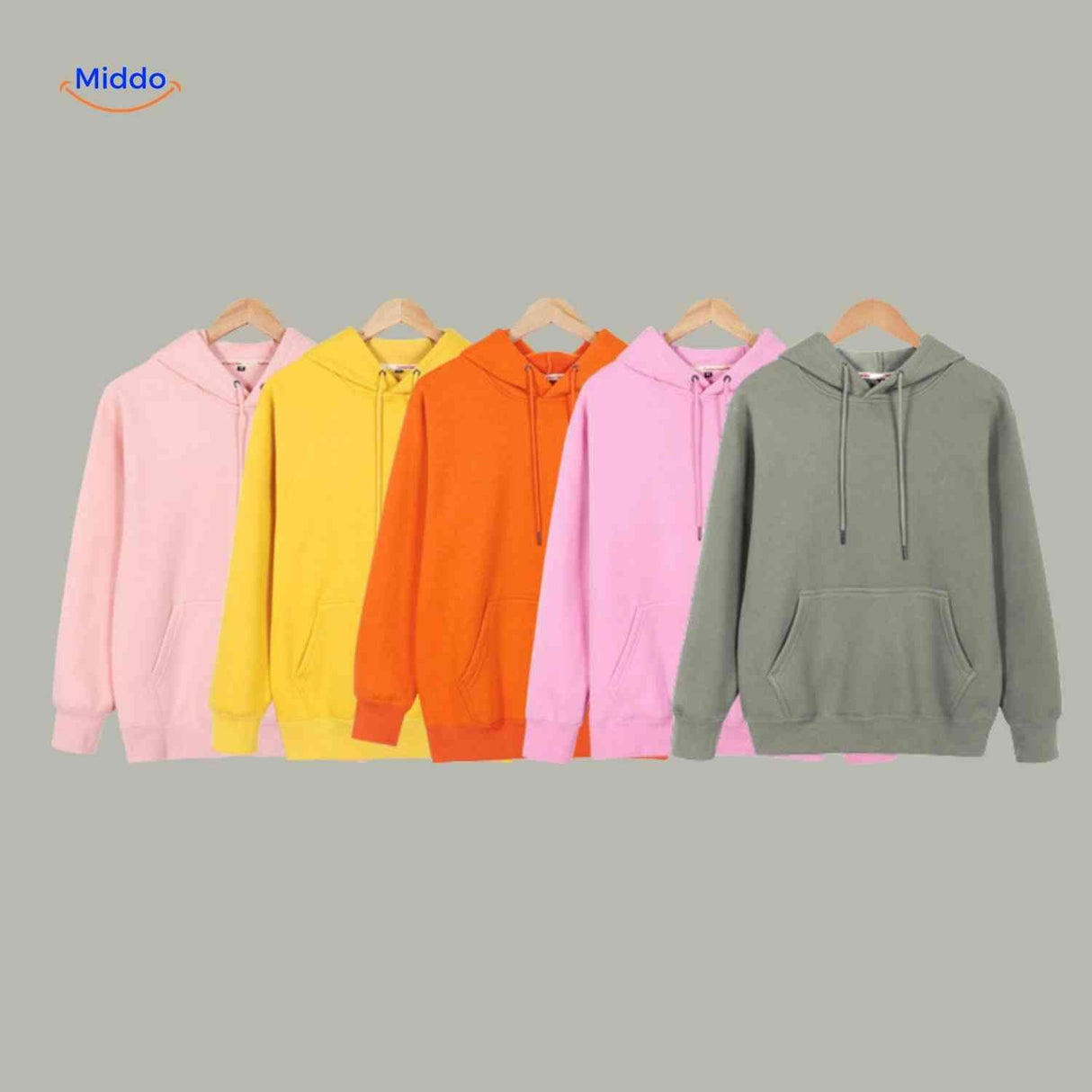 Multiple fleece hoodie colors displayed on hangers showing range