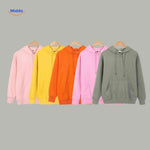 Multiple fleece hoodie colors displayed on hangers showing range