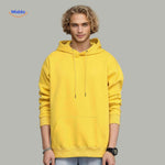 Yellow fleece hoodie worn by man demonstrating masculine fit