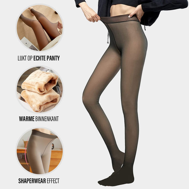 Fleece-lined tights with realistic sheer panty effect and warm lining.