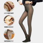 Fleece-lined tights with realistic sheer panty effect and warm lining.