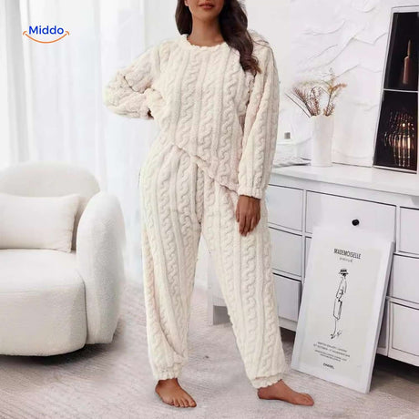 White soft fleece pajama set perfect for warm, comfortable cold nights.
