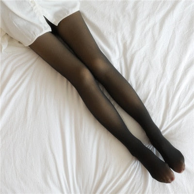 Black fleece-lined tights with foot coverage for complete warmth.
