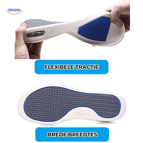 Flexible traction sole with wide width options for active comfort.