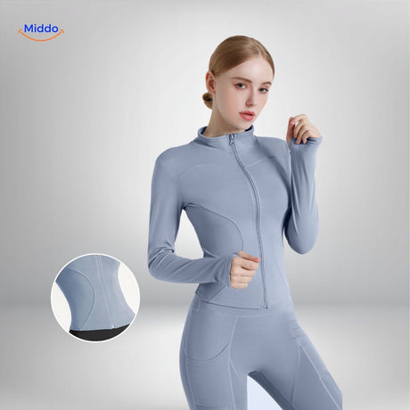 FlexiFit Pro yoga jacket in blue featuring comfortable, relaxed fit.