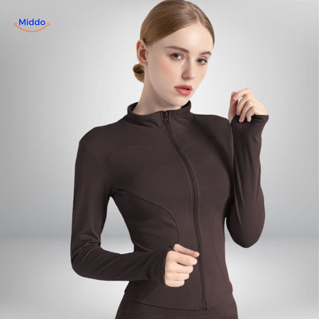 FlexiFit Pro yoga jacket in brown with elegant, sophisticated design.