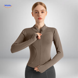 FlexiFit Pro yoga jacket in taupe, a stylish color option.