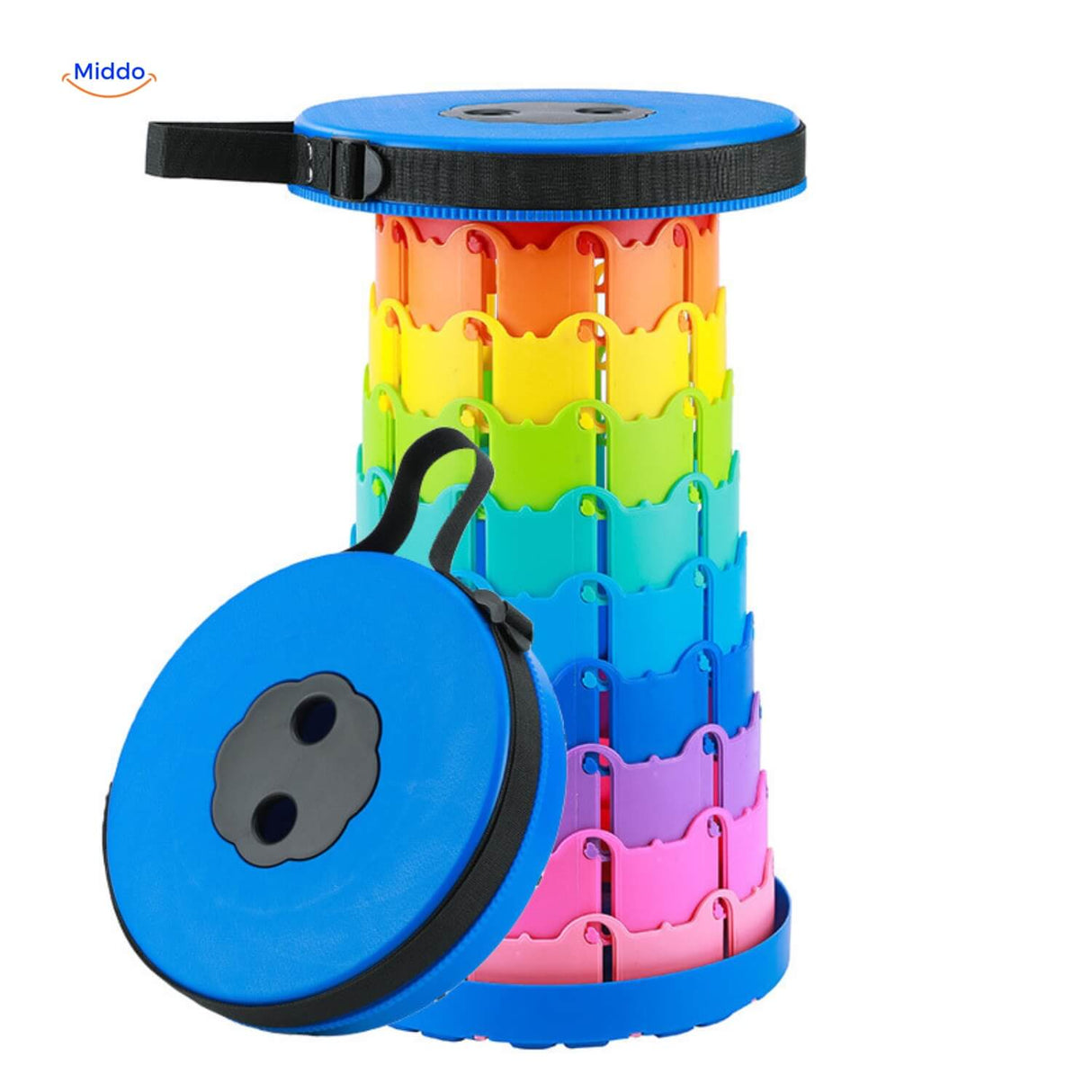 Flexistool in colorful rainbow pattern with blue accents.