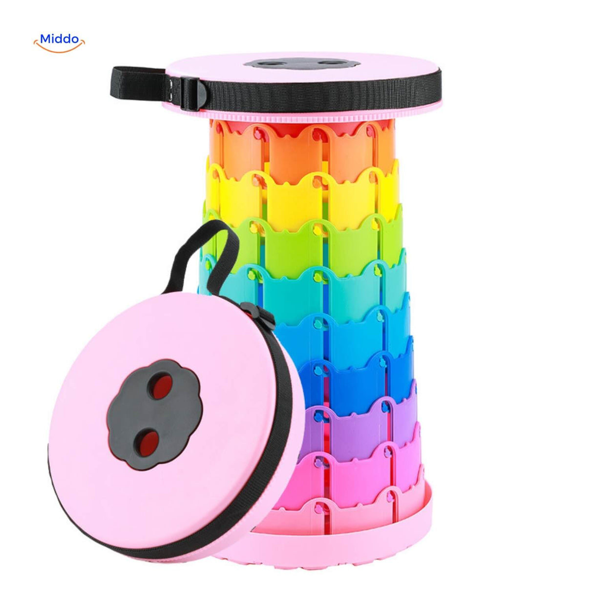 Flexistool in playful rainbow pattern with pink accent trim.