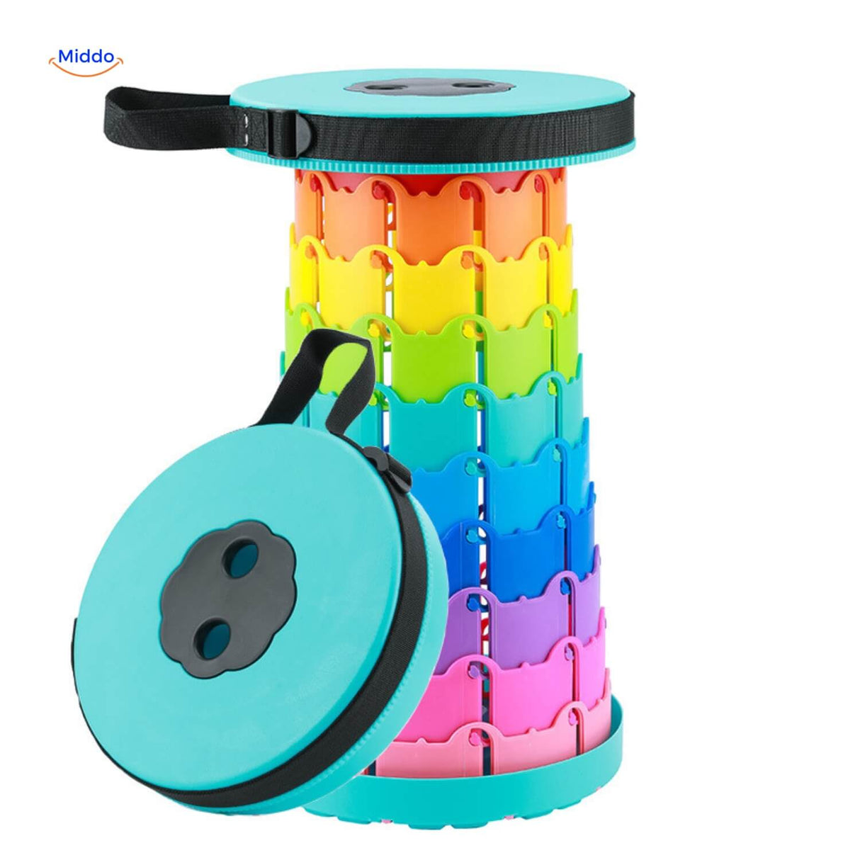 Flexistool in multi-color rainbow design with turquoise highlights.