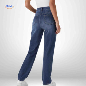 Flexiva dark blue comfort-fit jeans showing back pocket design.