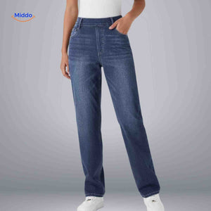 Flexiva comfort-fit jeans in dark blue with relaxed stretch fit.