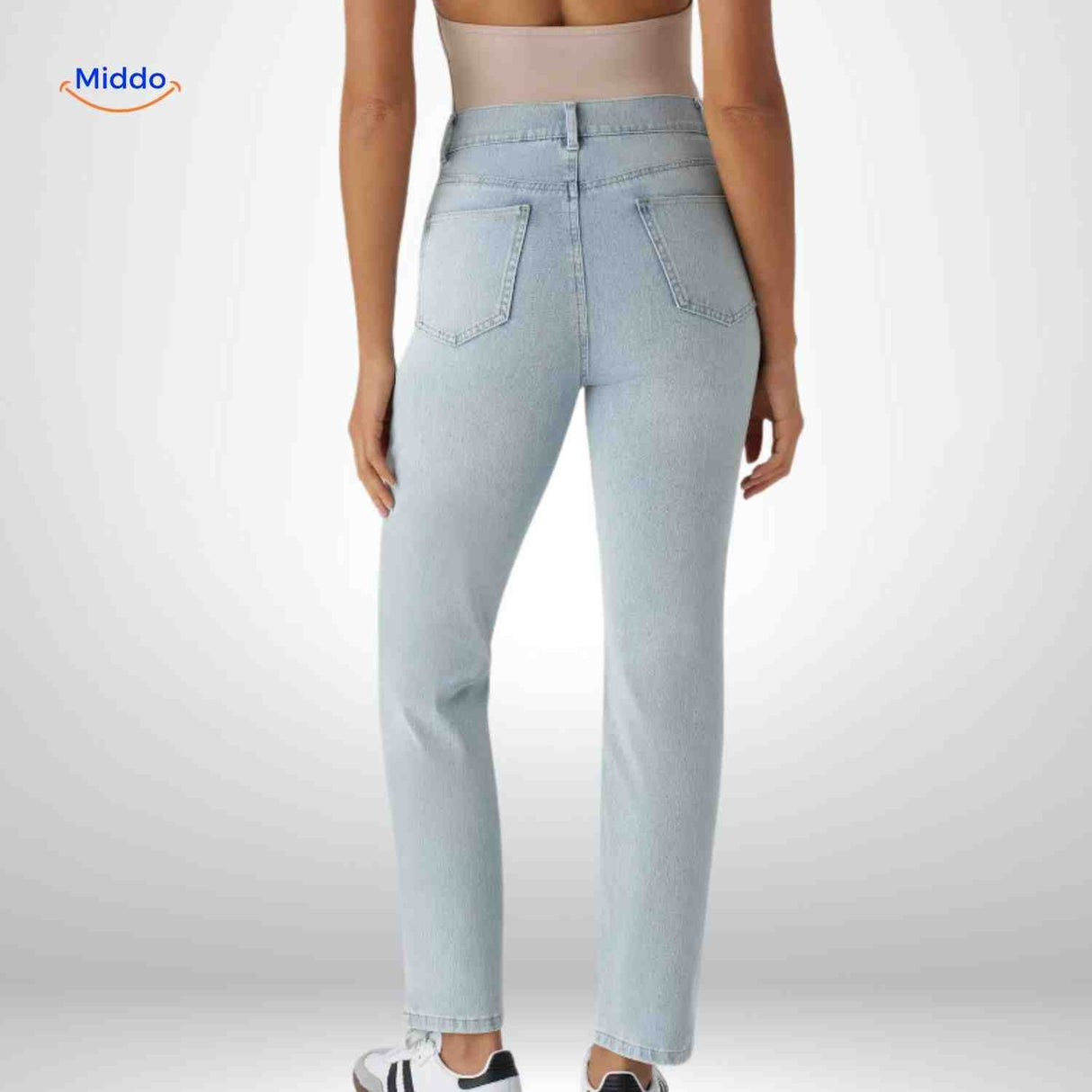 Flexiva high-rise light blue jeans displayed from back view.