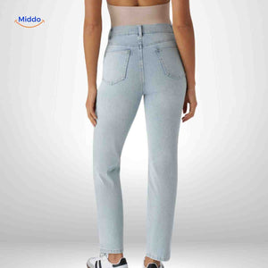 Flexiva high-rise light blue jeans displayed from back view.