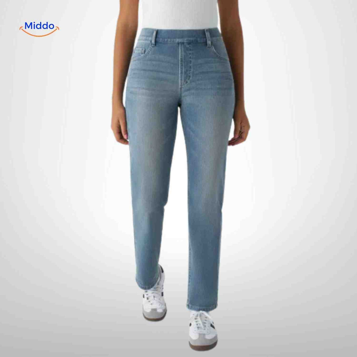 Flexiva high-rise jeans in light blue denim with premium stretch.