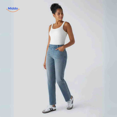 Flexiva high-rise stretch jeans in classic blue with flexible waistband.