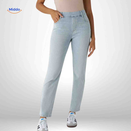 Flexiva high-waist jeans in light blue offering flattering fit.