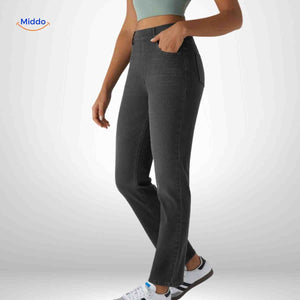 Flexiva black skinny-stretch jeans displayed from side angle.