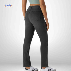 Flexiva black slim-fit jeans viewed from back with sleek styling.