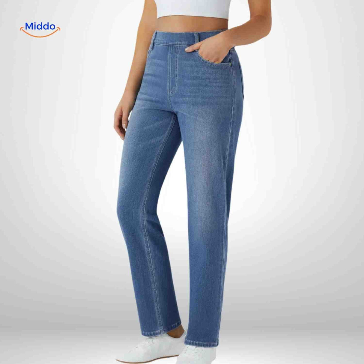 Flexiva light blue slim-fit jeans viewed from the back.