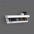 White floating shelf with office supplies and accessories storage compartments.