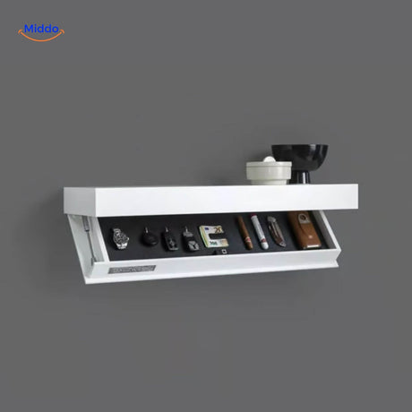 White floating shelf with office supplies and accessories storage compartments.