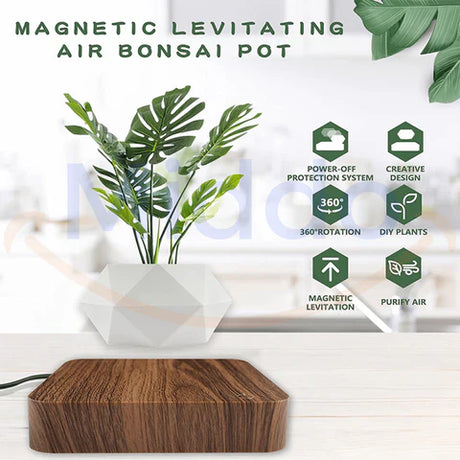FloatPot levitating plant pot with magnetic levitation features highlighted.