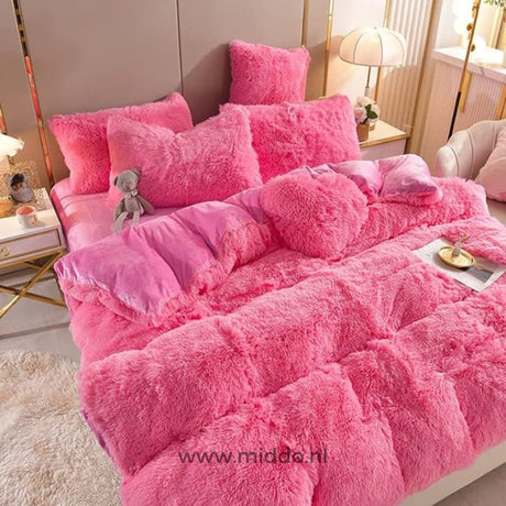 Rosy pink soft fleece bedding set with free heart-shaped pillow and warm texture
