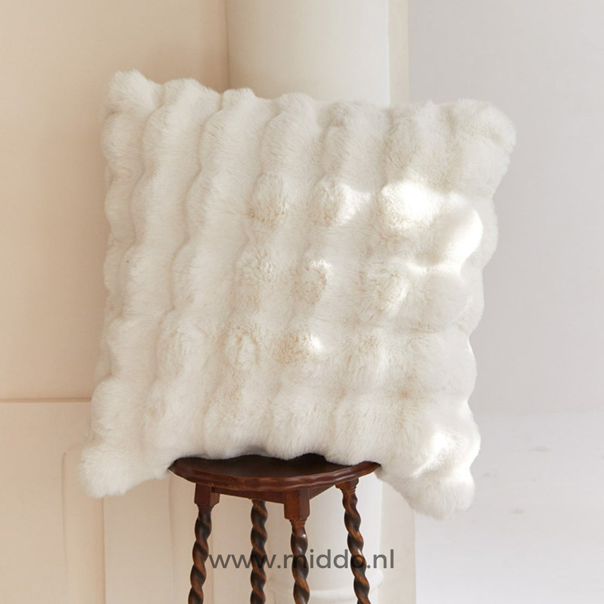 Fluffy winter blanket paired with cushion, coordinated home soft goods.
