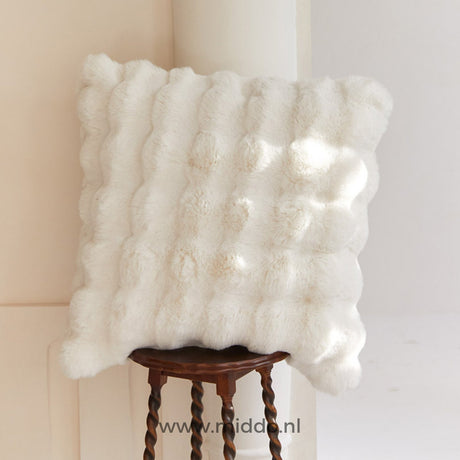 Fluffy winter blanket paired with cushion, coordinated home soft goods.