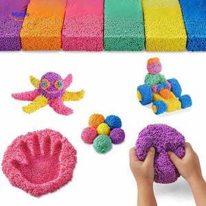 Foam clay creations including balls, hand impressions, and octopus shapes.
