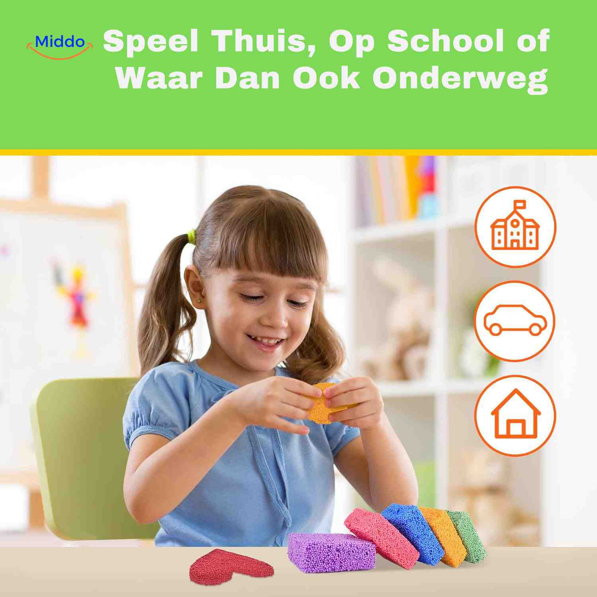Child playing with foam clay modeling kit for creative play at home and school.