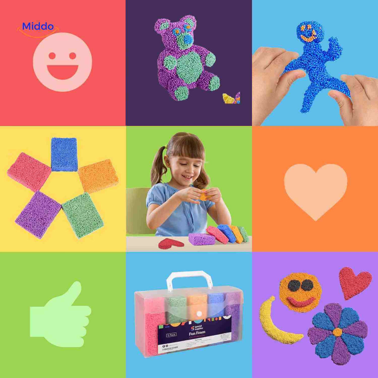 Multiple foam clay color options and creations with smiley, heart, flower, and bear.