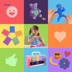 Multiple foam clay color options and creations with smiley, heart, flower, and bear.