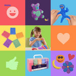Multiple foam clay color options and creations with smiley, heart, flower, and bear.